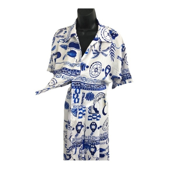 Blue white satin effect multi print buttoned down shirt & pants 2pc set size  M‎ - Picture 16 of 17